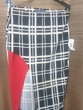 Black & White Plaid Pencil Skirt with Red Accent